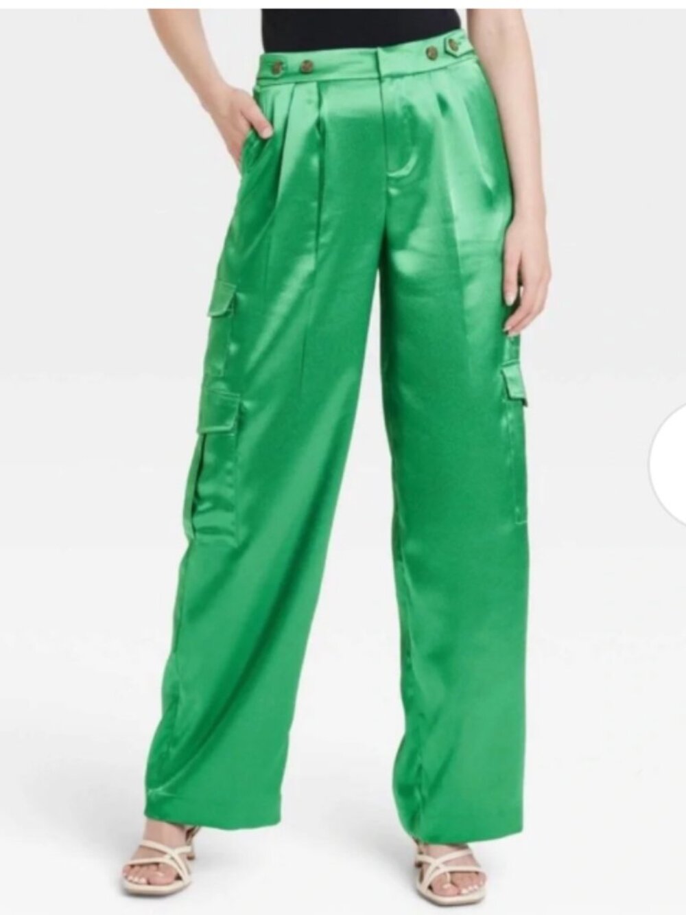 A New Day Green Satin Cargo Wide Leg Pants 4 High Rise Holiday Party Kelly